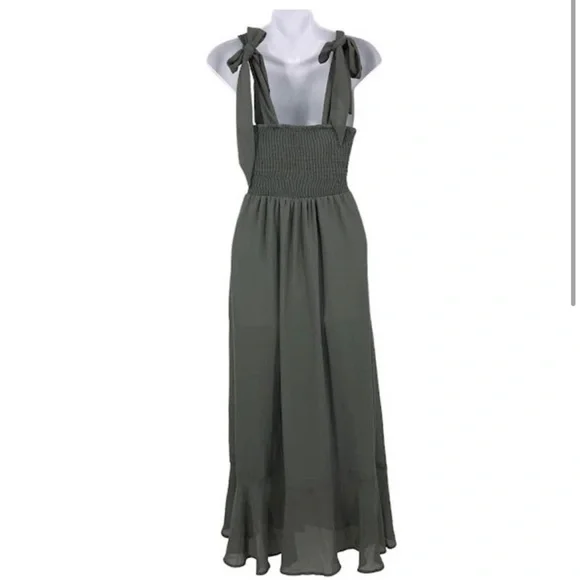 Show Me Your Mumu Claire Midi Dress M Square Neck Smocked High Slit Chiffon - Picture 2 of 4